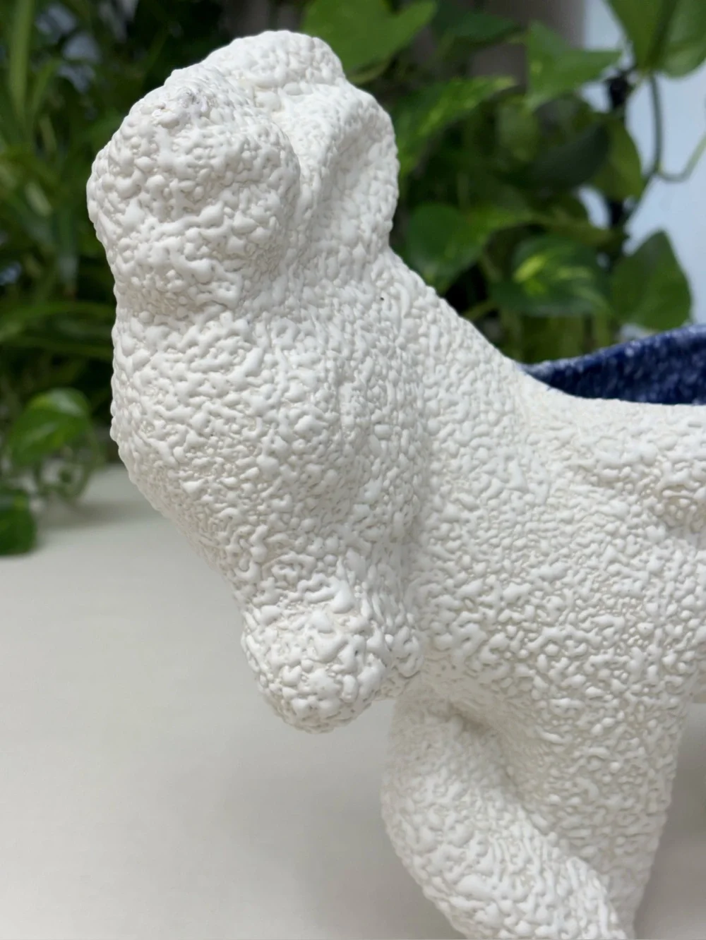 Vintage White Spaghetti Texture Donkey Planter Cobalt Blue Glaze